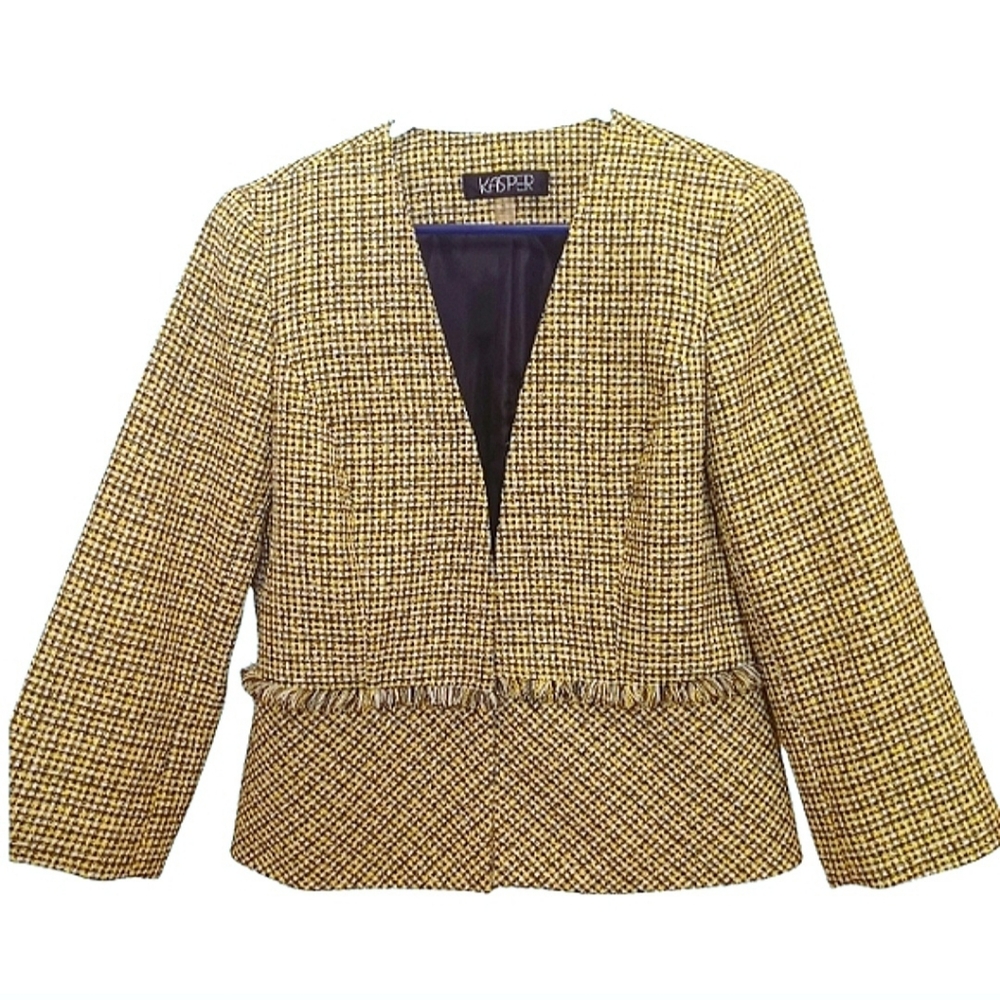 Kasper Fringe Tweed Blazer Jacket Women's Sz 6 Yellow Black